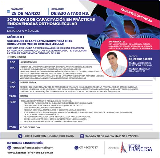 Jornadas de capacitaci&oacute;n en pr&aacute;cticas endovenosas orthomolecular
